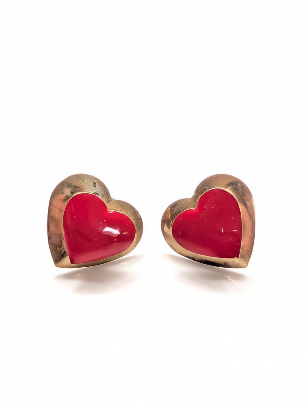 Vintage Brassy Gold Tone Layered Heart Enamel Romantic Love Post Earrings